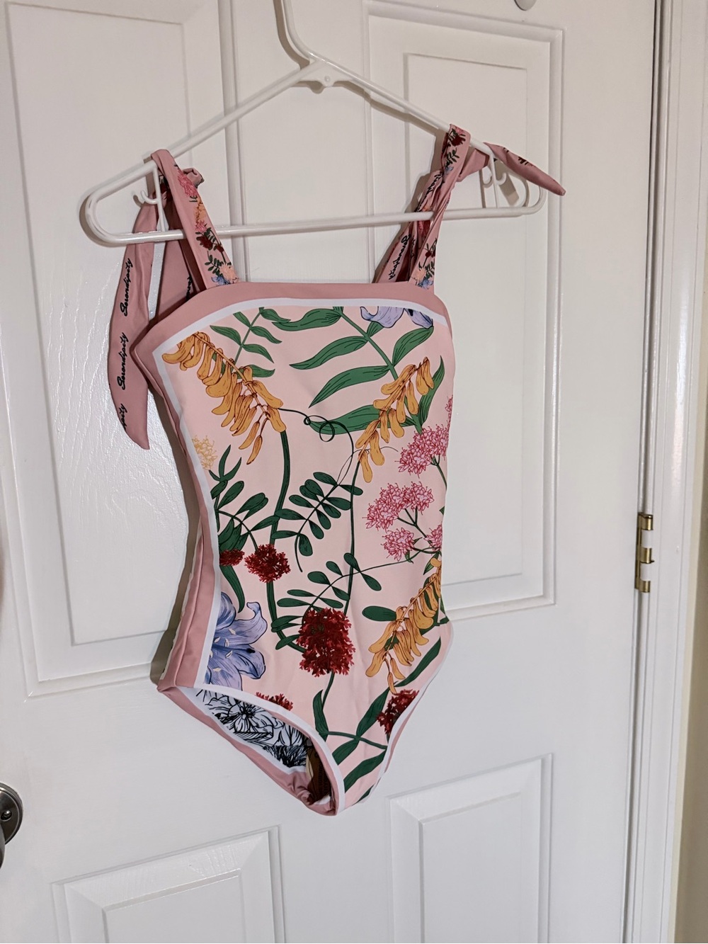 Floral Pink One-Piece Swimsuit with Tie Straps